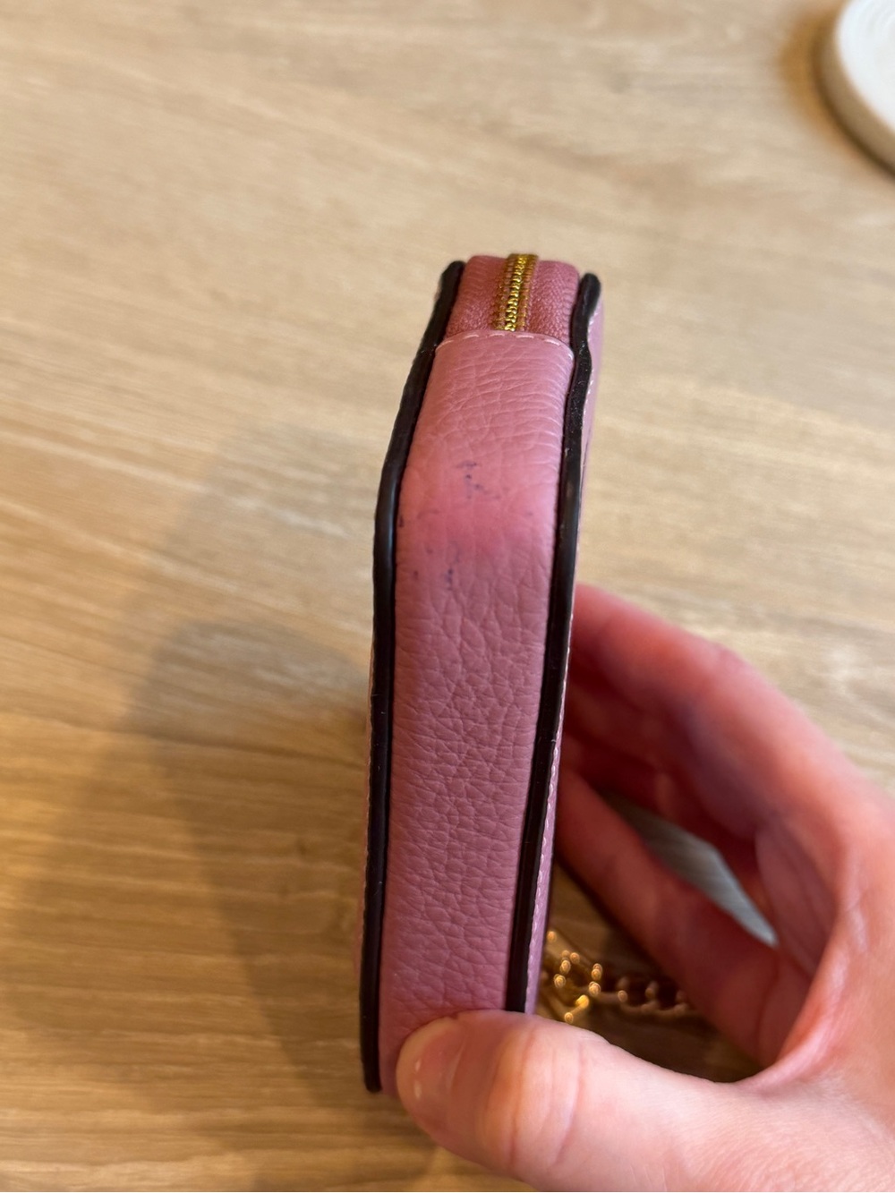 Coach Rose Pink Pebbled Leather Card Holder with Gold Chain - Picture 5 of 10